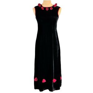 Vintage Gothic Black Velvet Midi Dress Sz S Roses Whimsigoth Retro 3D Flowers